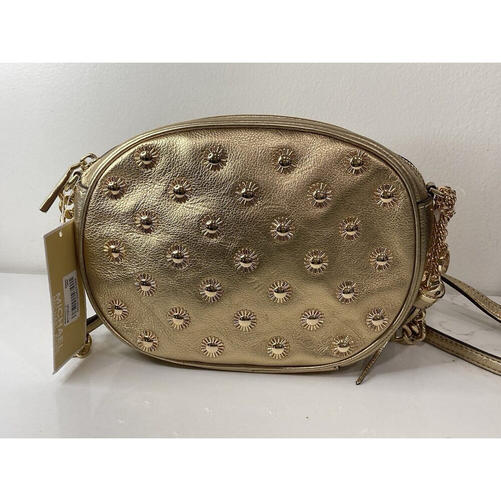 Michael Kors Ginny Medium Messenger Pale Gold Leather MSRP $278